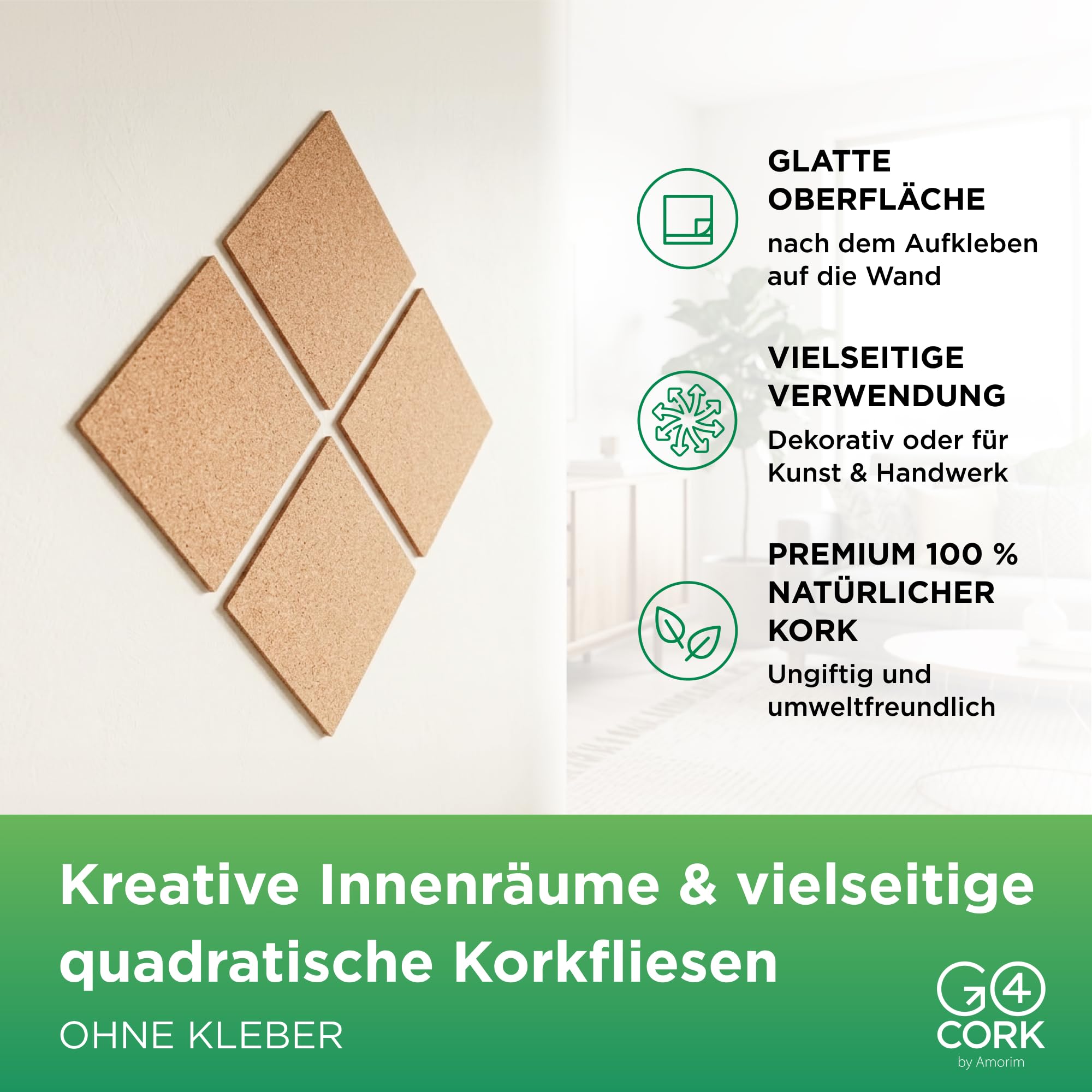 Go4Cork Quadratische Korkplatte 21,5 x 21,5 cm - 4er-Pack | Doppelseitige Premium Öko Korkfliesen | Vielseitig einsetzbar für Basteln, Zuhause, Ordnung im Büro | Rutschfest & leicht verwendbar