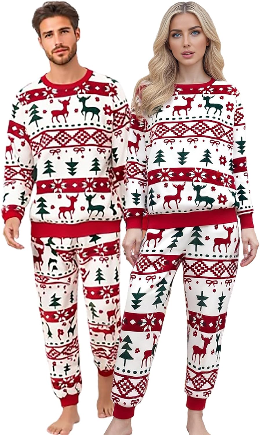 Matching Pajamas Set Long Sleeve Crew Neck Tops and Pant Couples Pjs Casual Sleepwear Sets Loungewear for Women Men