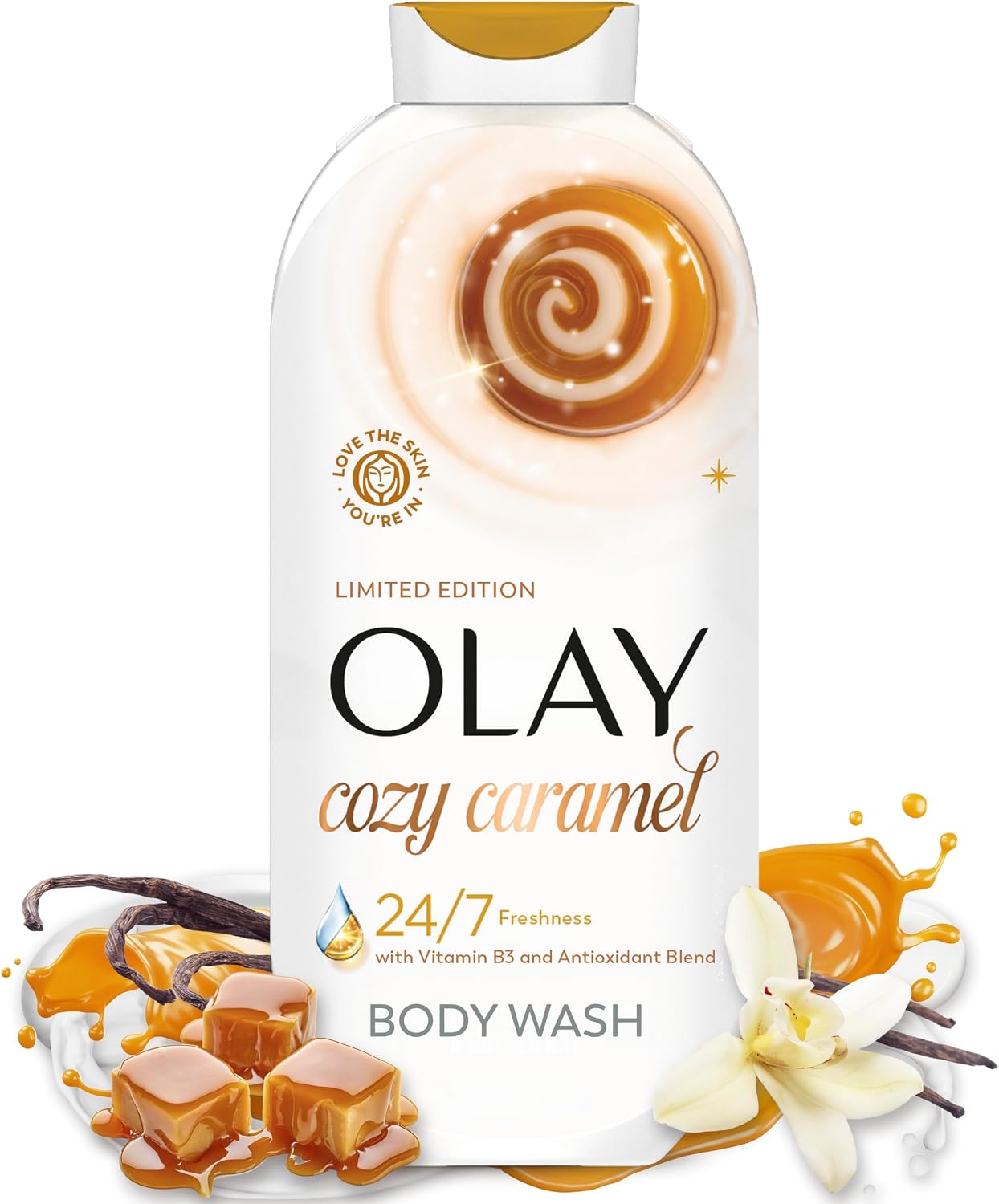 Olay Body Wash for Women, 24/7 Holiday Freshness, Plant Based Cleansers, Vitamin B3 & Antioxidant Blend, For All Skin Types, Cozy Caramel Scent with Notes of Caramel, Maple, & Vanilla, 22 fl oz