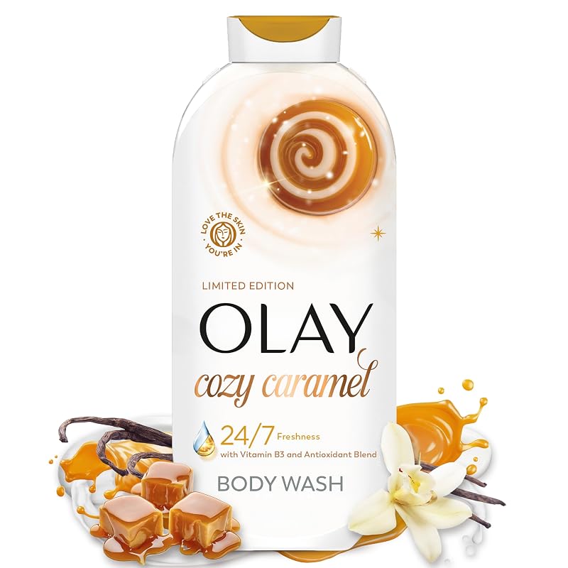 Sabonete líquido corporal Olay com fragrância Cozy Caramel, Vitamina B3 e antioxidantes, 650 mL