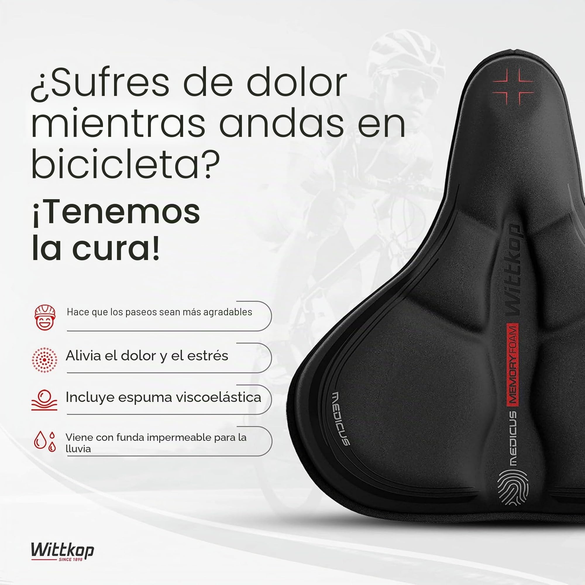 WITTKOP Cojín para asiento de bicicleta con cojín de gel y espuma viscoelástica, funda ergonómica para asiento de bicicleta para hombre y mujer con concepto de 3 zonas, cómoda funda para sillín de