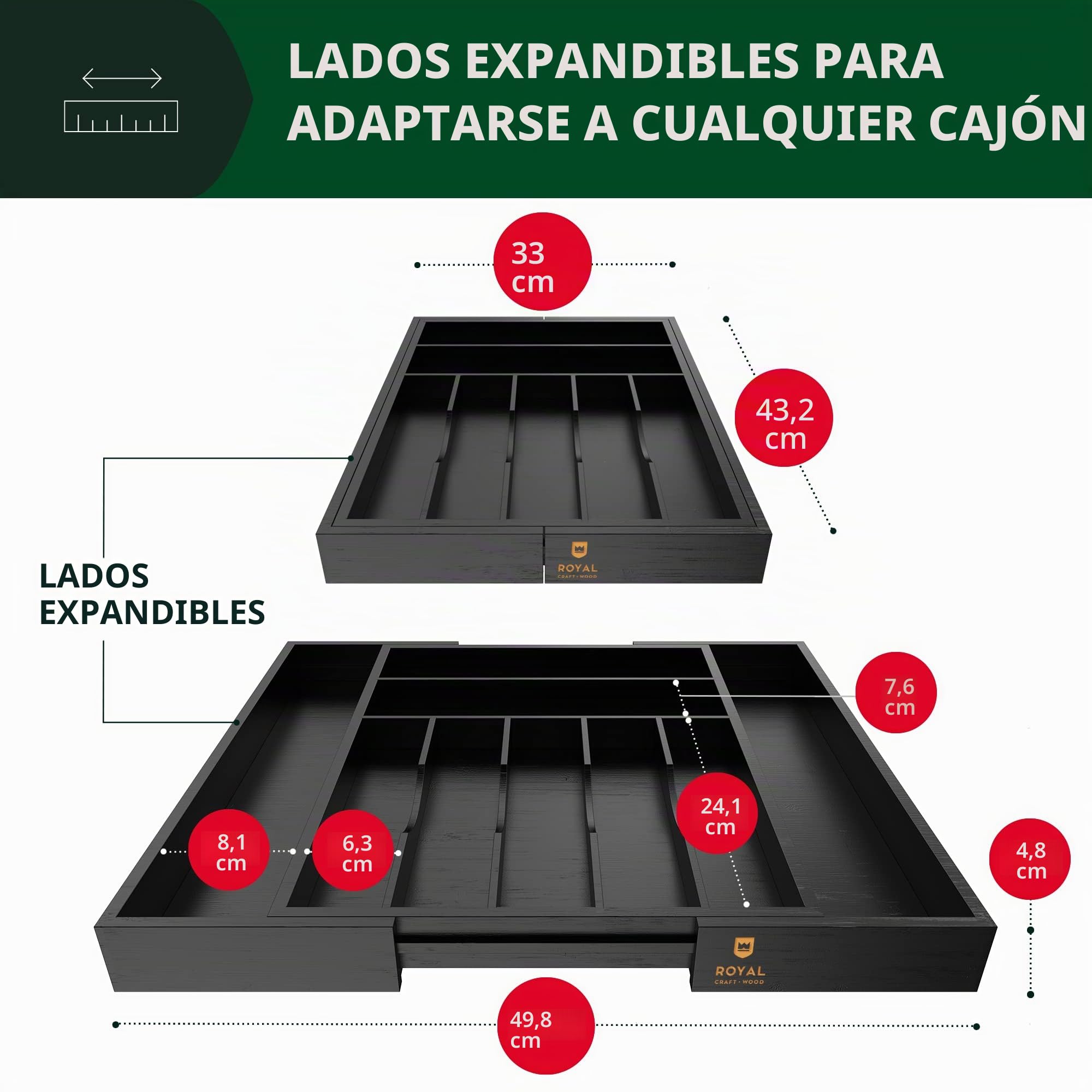 ROYAL CRAFT WOOD Organizador de cajones de cocina de bambú de lujo, organizador de cubiertos, soporte para utensilios y bandeja de cubiertos con separadores ranurados para cubiertos y utensilios de