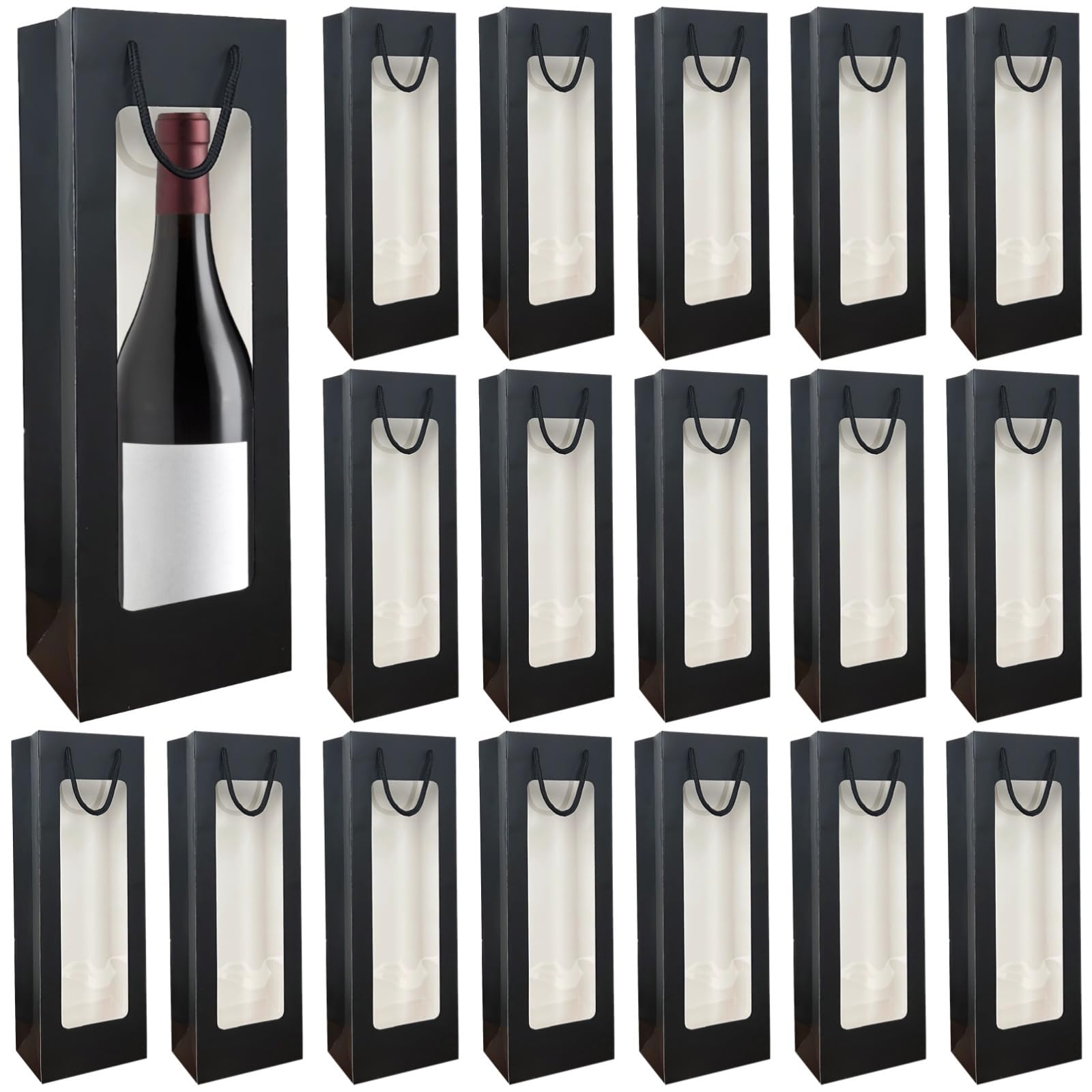 Lot de 24 sacs cadeaux noirs pour bouteille de vin - Sacs en papier avec fenêtre - 35,6 cm de haut - Réutilisables