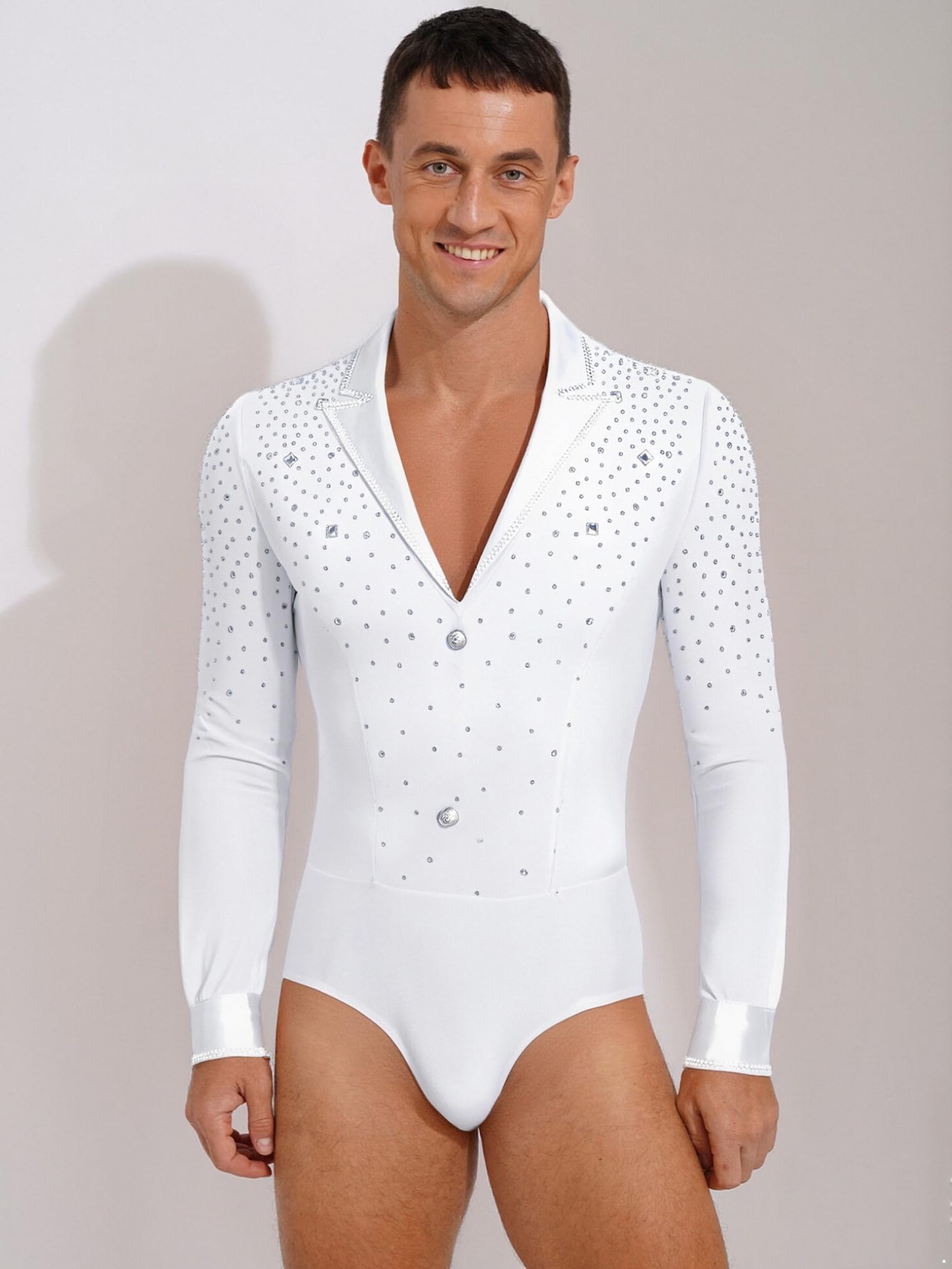 Oyolan Homme Justaucorps Danse Latine Moderne Jazz Salsa Cha Cha Body Gymnastique Bodysuit Patinage Artistique Manches Longues Strass