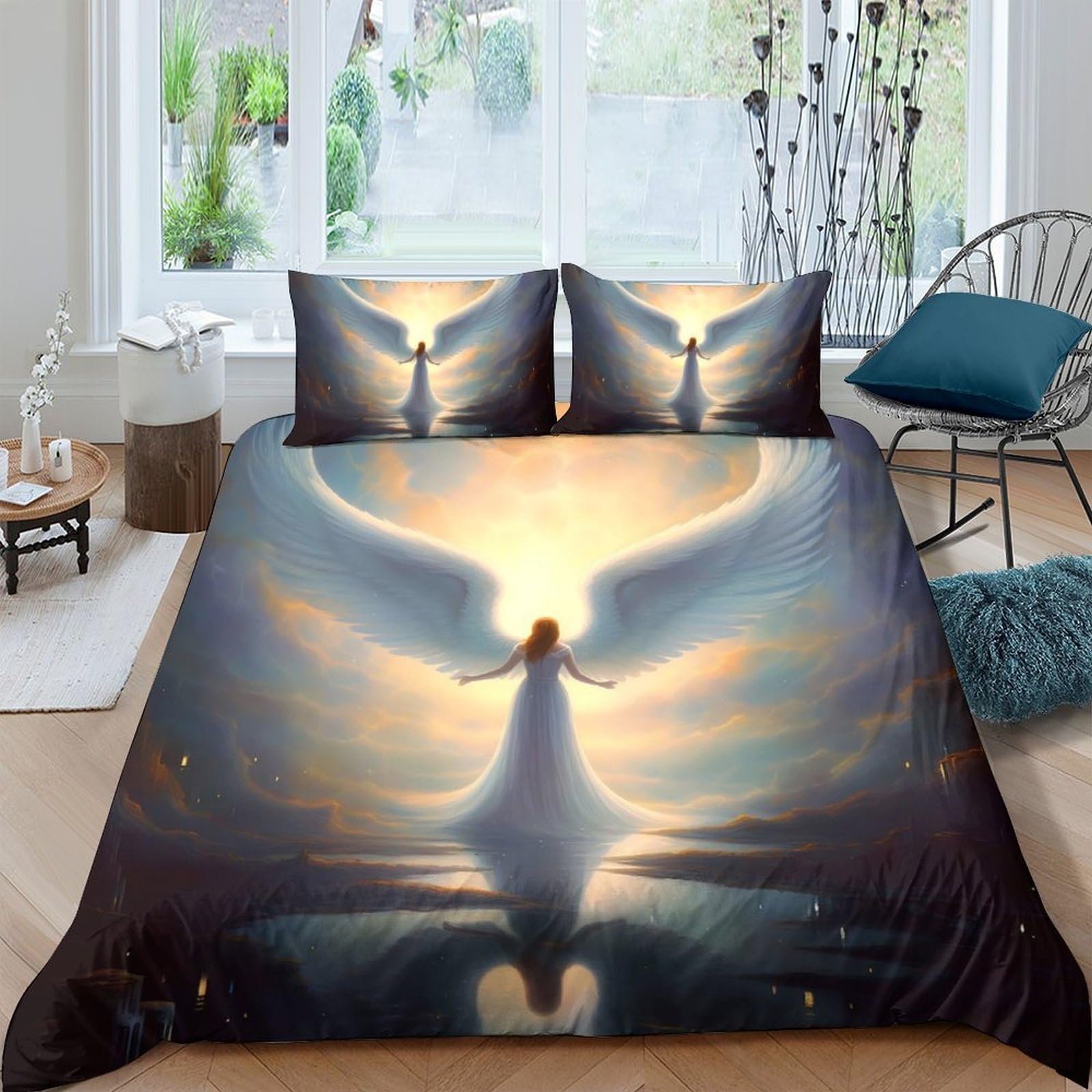 Ctjqhvkz Style-2 3D Printed Angel Light Fitted Sheet Microfiber Soft Elegant Wings Bed Cover For Bedroom Dorm Decorative Protection Single（135X200cm）