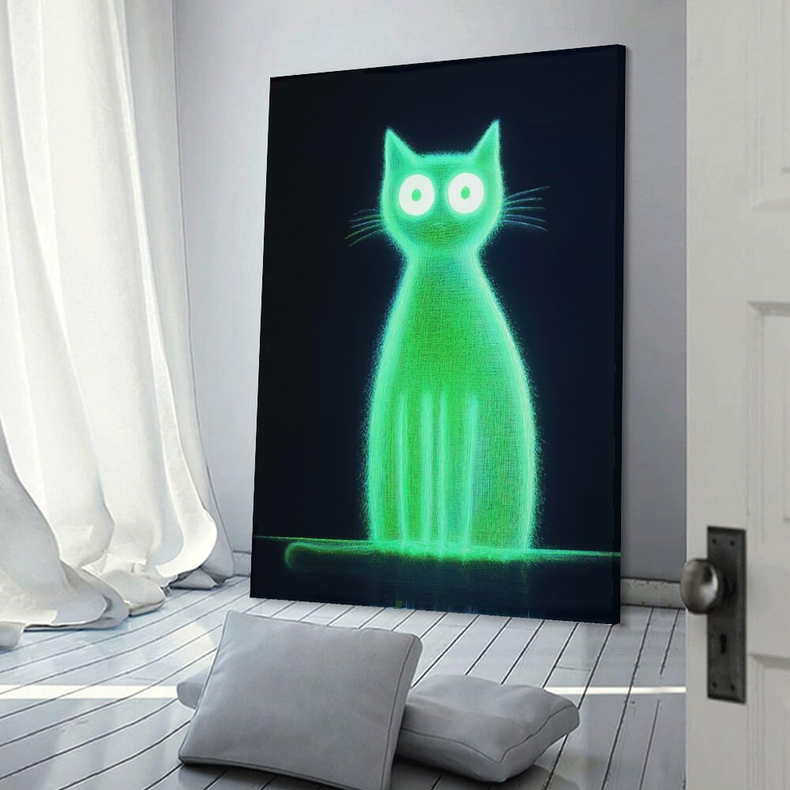 Junmoney Canvas Wall Picture Neon Green Cat, 20x30inch(50x75cm), for Bedroom Decor, Cosy Corners Or Studios, A Warm Accent for Relaxed Interiors
