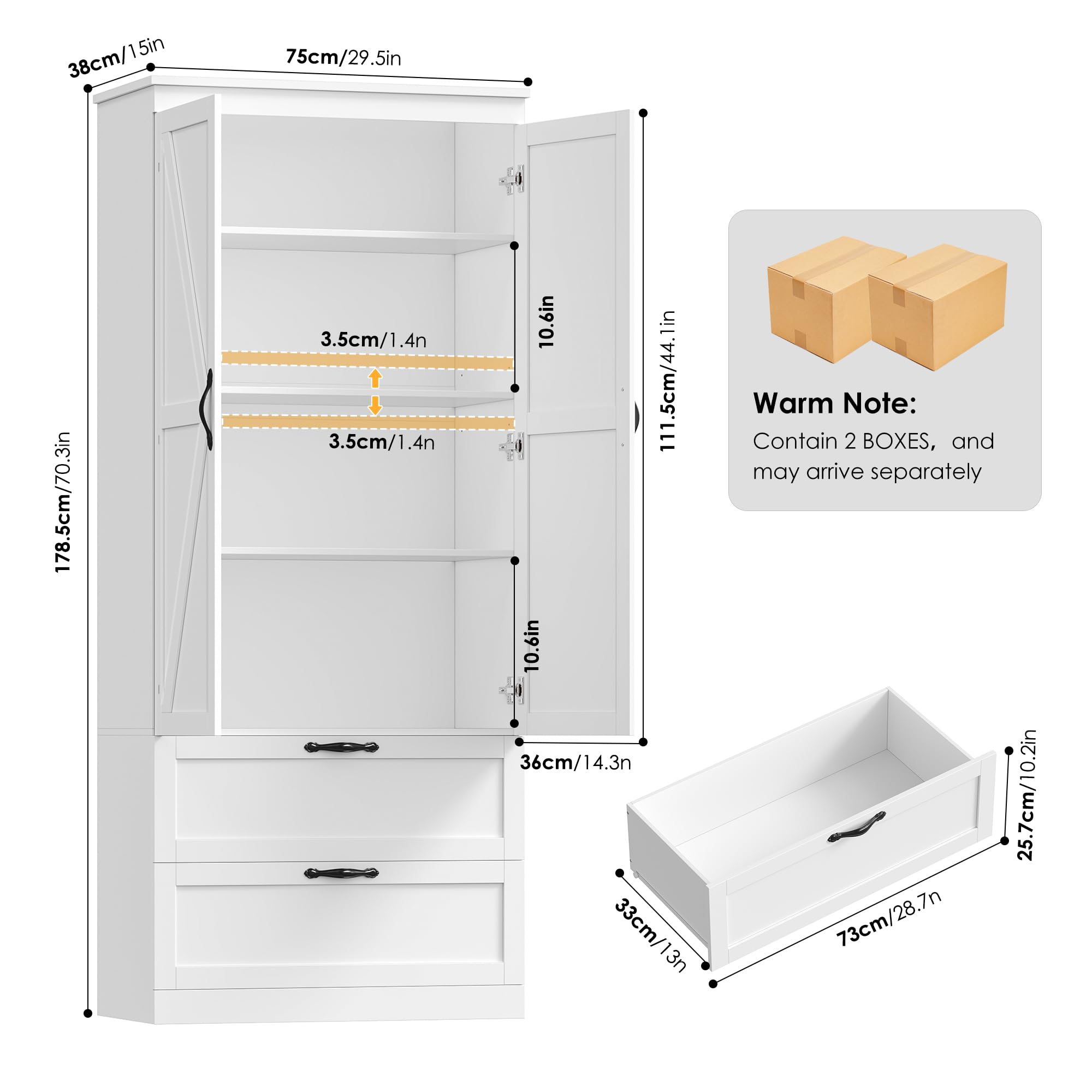 HOCSOK Küchenschrank, Küchenbuffet Buffetschrank, 2 Türen und 2 Schubladen | Vorratsschrank Küche mit Verstellbare Ablage, Hochschrank Mehrzweckschrank, Weiß