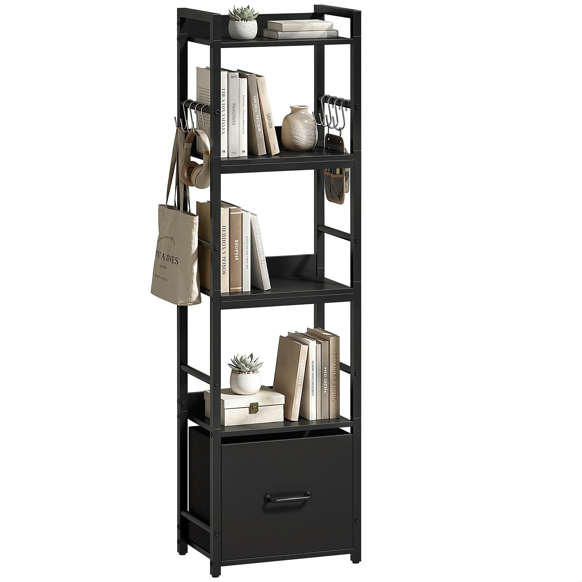 HOMCOM 4-Tier Bookshelf with Drawer 8 Hooks 39 x 26 x 136.5 cm Black