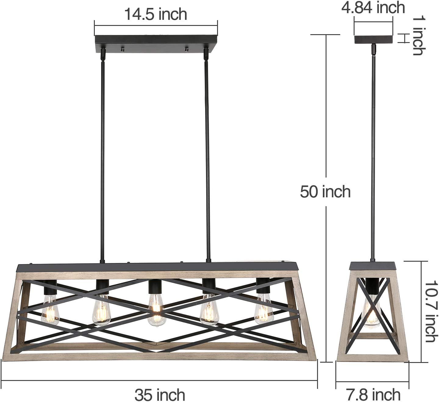 hykolity 5-Light Kitchen Island Pendant Lighting, Farmhouse Dining Room Light Fixtures, 35 inch Linear Chandelier W/ Black & Wood Painting, ETL Listed - - 