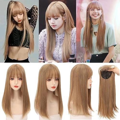 19.7 in recta cabeza frente Topper con flequillo grueso Snythetic, parte media clip en la parte superior del pelo para mujeres cubierta de pelo fino