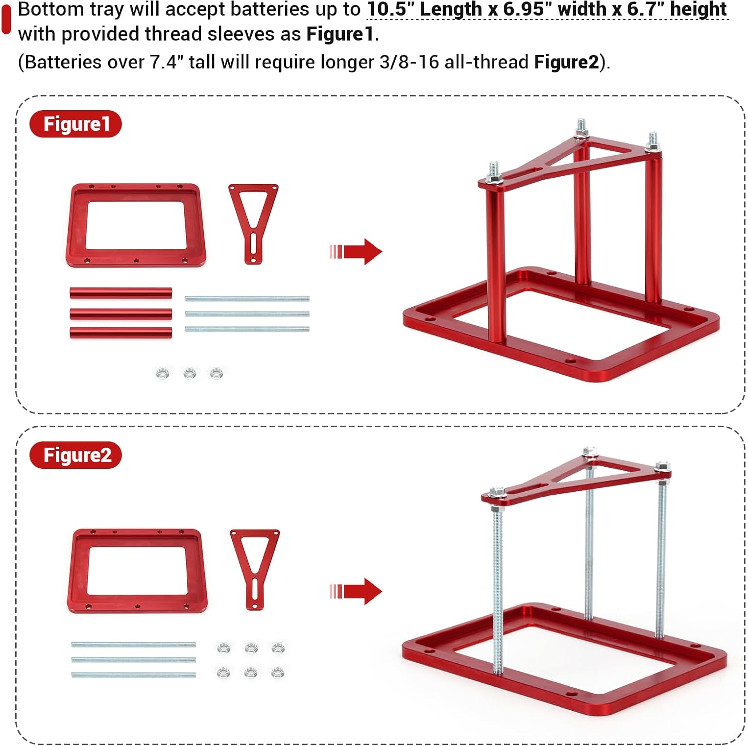 Battery Tray Hold Down Bracket Battery Relocation Kit Trunk for Optima Batteries 34 34R 34/78 D34 D34/78 34M D34M (red)