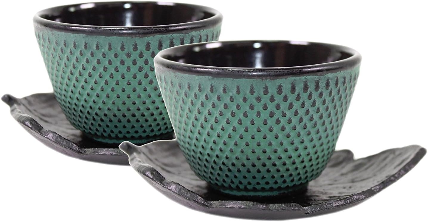 2 Sado Black Leaf Teacup Saucer+2 Green Polka Dot Hobnail Japanese Cast Iron Tea Cup Teacup