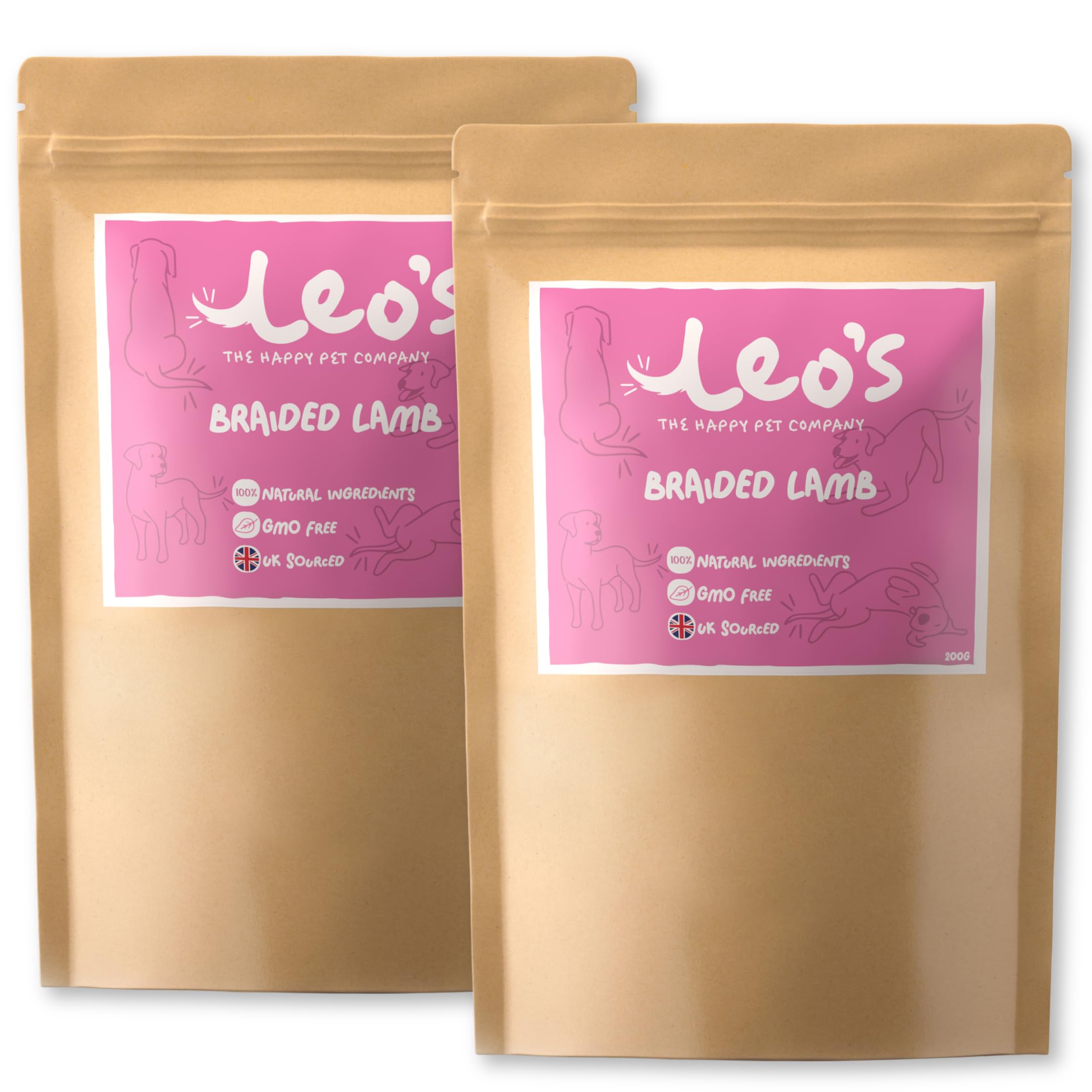 Leo's Lamb Braids for Dogs | Premium Natural Dog Chews | Long Lasting Dog Chews that Support Healthy Dental Hygiene | 100% Natural | Dog & Puppy Chews | Hypoallergenic Braided Lamb skin | (200g x 2)