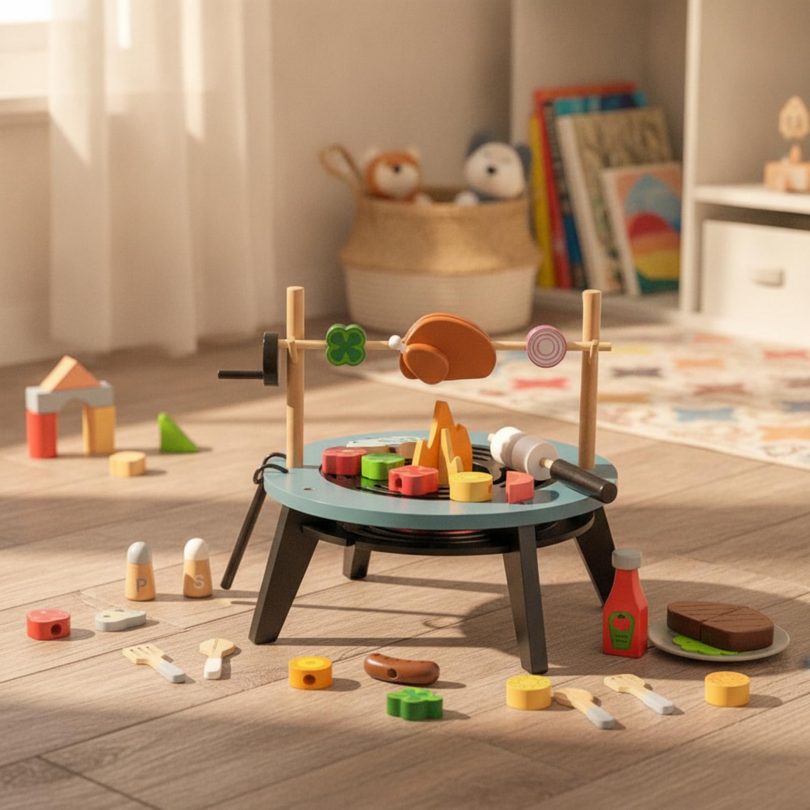 Griglia Giocattolo in Legno Realistico Barbecue Giocattolo Creativo Gioco di Ruolo per Bambini, Genitori Papà, Cameretta, Area Giochi, Asilo Nido
