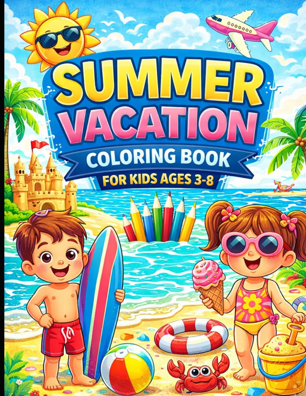 Summer Vacation Coloring Book for Kids Ages 3-8: Fun & Easy Beach, Ice Cream, Travel and Summer Activity Pages for Boys & Girls