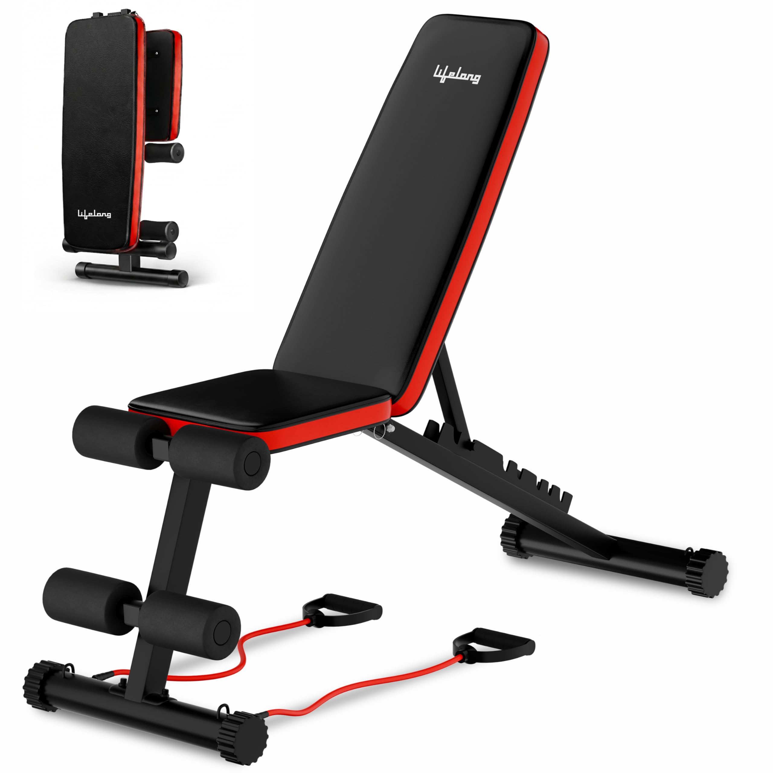 Lifelong Adjustable And Foldable Gym Bench & Gym Towel Incline,Decline & Flat 300 Kg Capacity Fitness Gym Bench with Resistance Ropes For Home Workout (Black & Red)