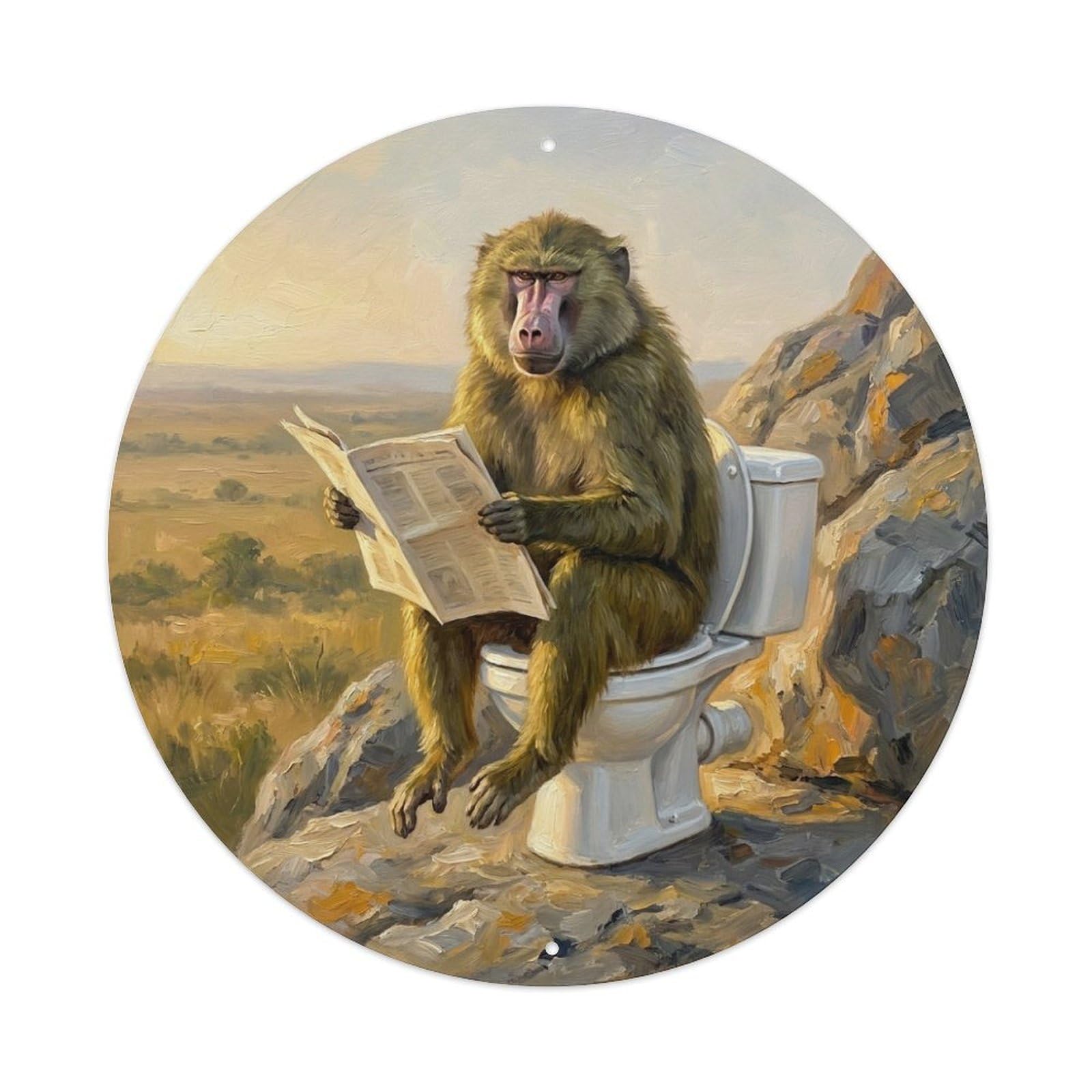 Baboon On Toilet Humorous Bathroom Rock Kopje Morning Metal Tin Sign
