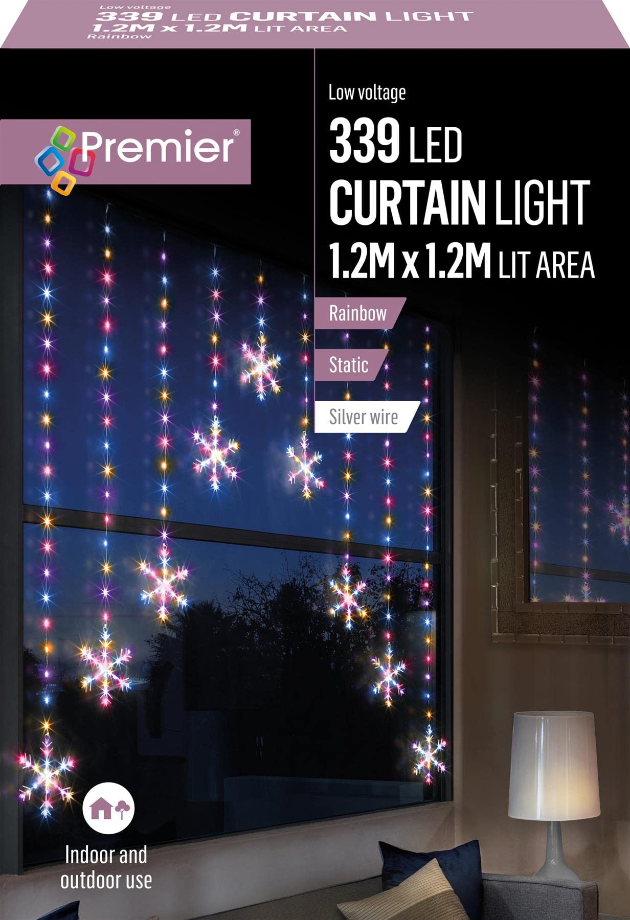 Crillys Premier 1.2m x 1.2m Pin Wire Snowflake V Curtain 339 Rainbow Colour LED Light