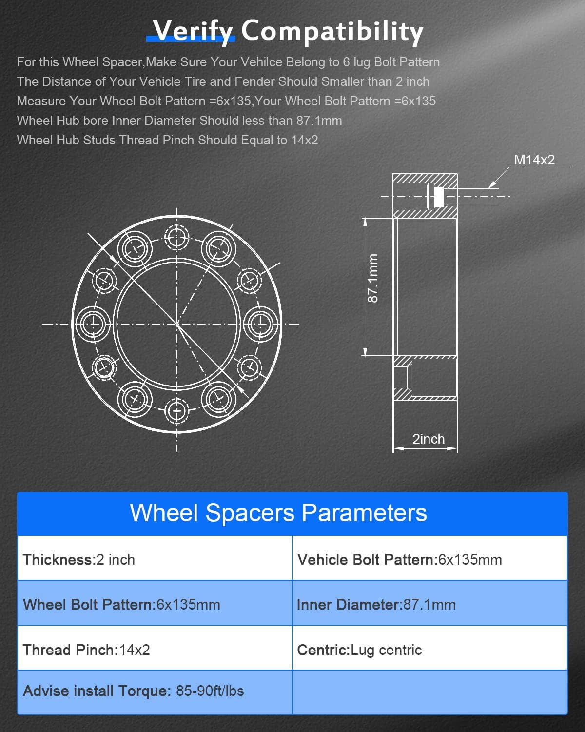 ECCPP 4PCS 6x135mm Wheel Spacers 2 inch 6 Lug 6x135 to 6x135 with 14x2 Studs 87.1mm Hub for 2003-2014 for ford Expedition| 2004-2014 for ford for F150| 2006-2014 for Lincoln Mark LT