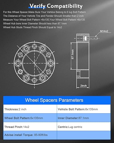 Miniatura 7 de ECCPP 4 espaciadores de rueda de 6 lengüetas de 2 pulgadas, 6 x 135 a 6 x 135 14 x 2.0 pernos para Expedition 2003-2014 para F150 2004-2014 para