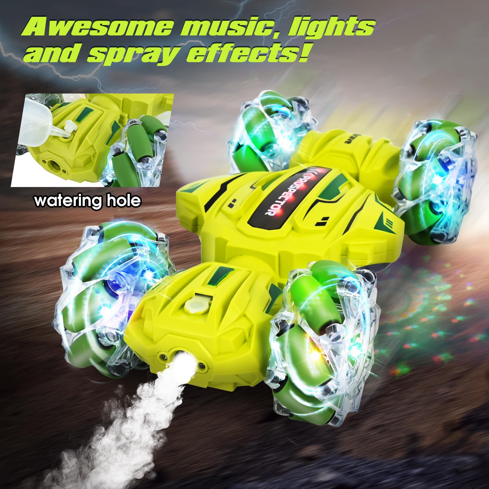 PATEMZON Voiture Télécommandée Tout Terrain, 4WD 2.4Ghz RC Stunt Car, Voiture télécommandée avec la Main, Lumière et Spray, Rotation à 360°, Cadeau pour Filles Garçons Enfants de 6 8 9+ Ans (Vert)