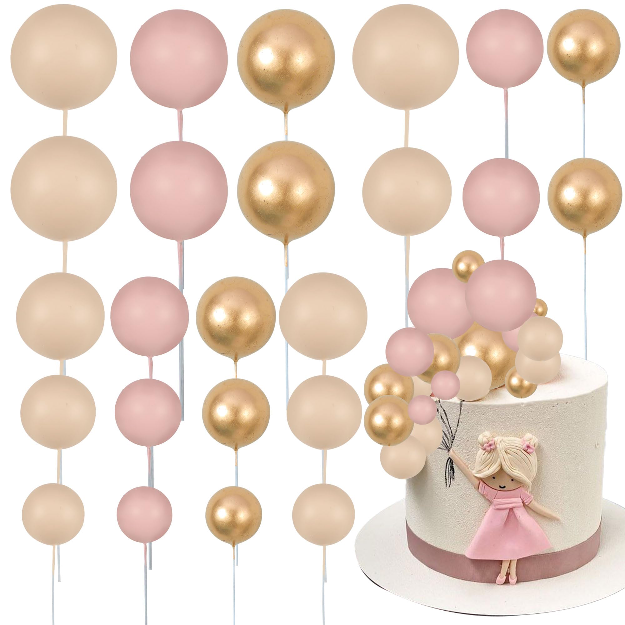 Gyufise 30Pcs Ball Cake Topper Ball Cake Picks Colorful Pearl Round Shaped Cupcake Insert Cake Topper for Bear Theme Birthday Party Favors Wedding Decoration Supplies Apricot Gold Light Brown
