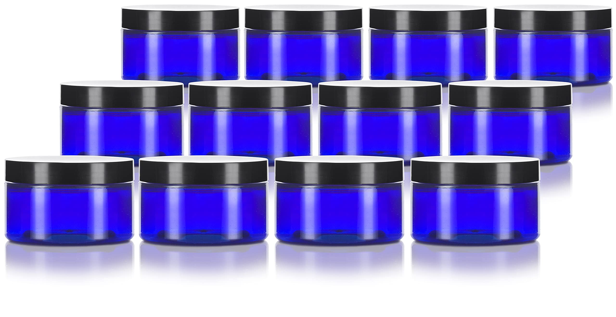 4 oz Cobalt Blue PET Plastic Low Profile Jar with Black Lids (12 pack) Refillable Empty Containers