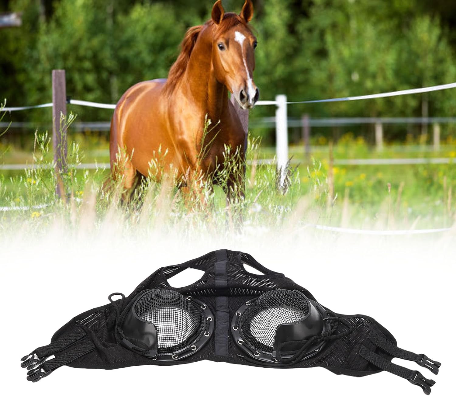 Horse Fly Mask, Stretchable Steel PU Eye Protection Windproof Sandproof Protective Net Adjustable Horse Eye Cover Enhanced Focus for Harness Supplies
