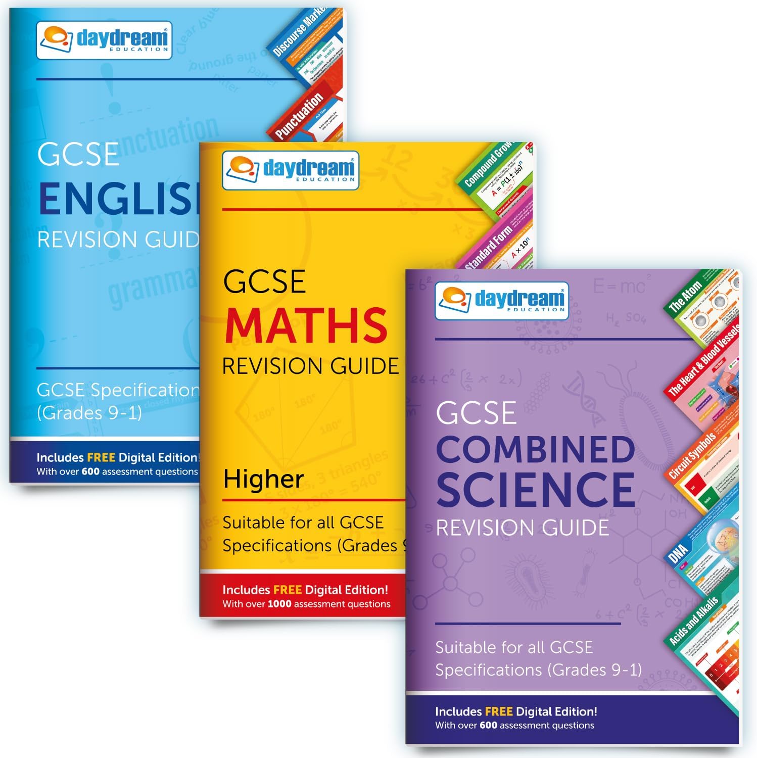 – Daydream Education GCSE English, Maths (Higher) & Science Revision Guide Pack, Pocket-Sized, FREE Digital Editions with Over 1, 600 Assessment Questions! - for 2026-2027 exams (Pack of 3)