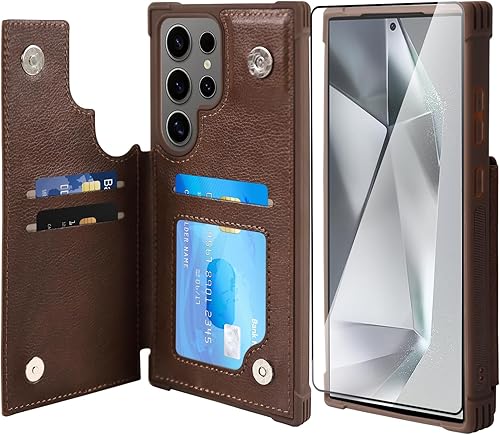 VANAVAGY Wallet Case Compatible for Galaxy S24 Ultra for Women Men, PU Leather F