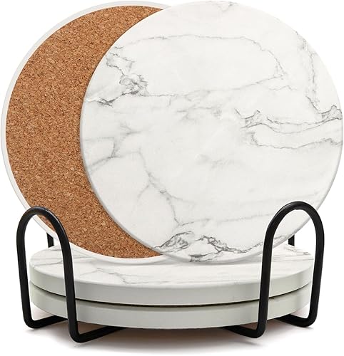 AEE FIRSONE Juego de 4 posavasos con soporte, posavasos de cerámica absorbente para mesa de comedor, juego de posavasos redondos de 4 pulgadas para