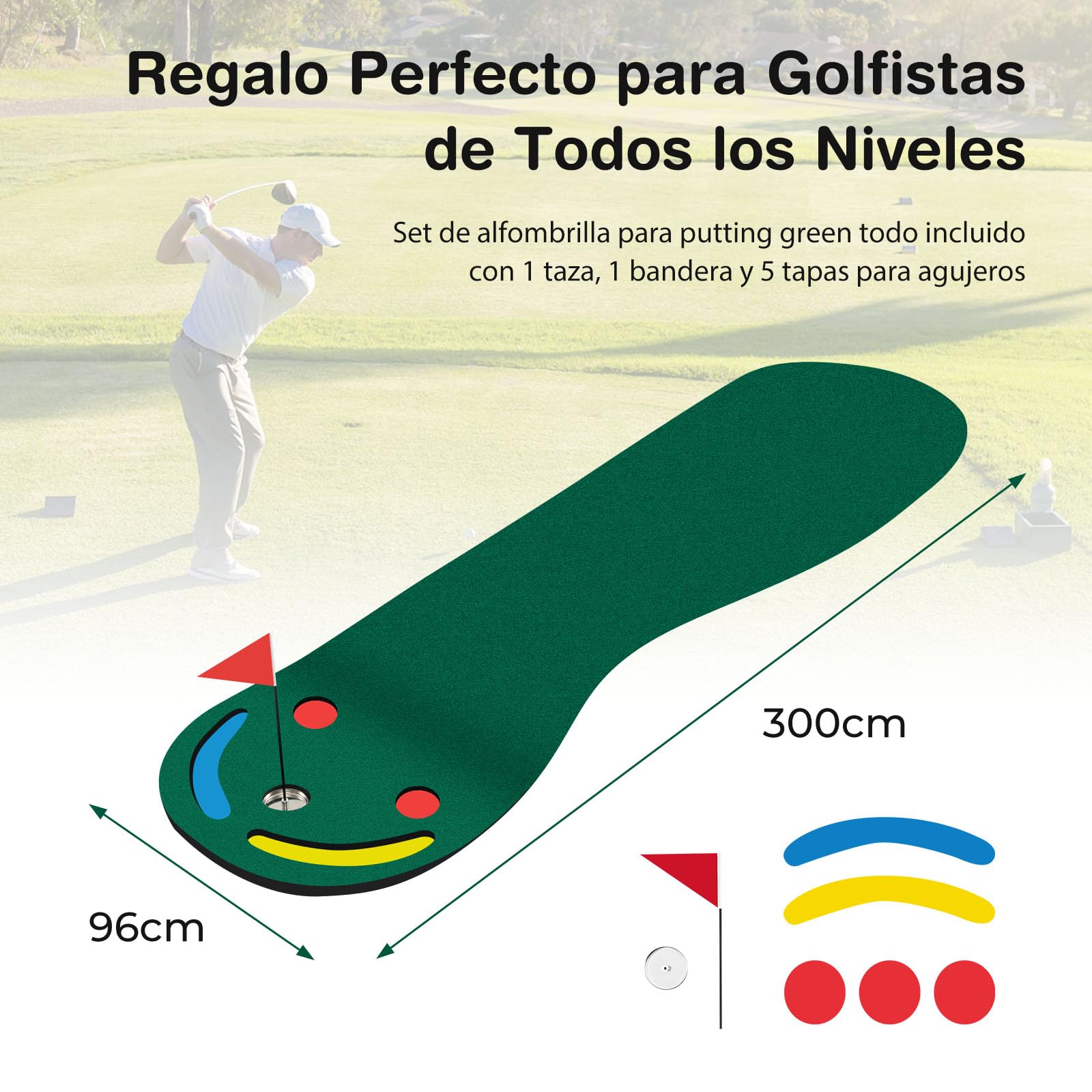 GYMAX Tapete De Golf De 3 Hoyos De 300 x 96 cm con Taza Y Bandera De Ayuda para El Entrenamiento, Tapete De Entrenamiento De Práctica De Golf Portátil para Interiores Y Exteriores