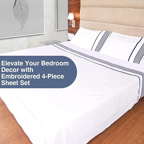 Miniatura 4 de Dormica Juego de sábanas tamaño King de 800 hilos, 100% algodón egipcio, 4 piezas, color azul marino, bordadas, blancas, transpirables y