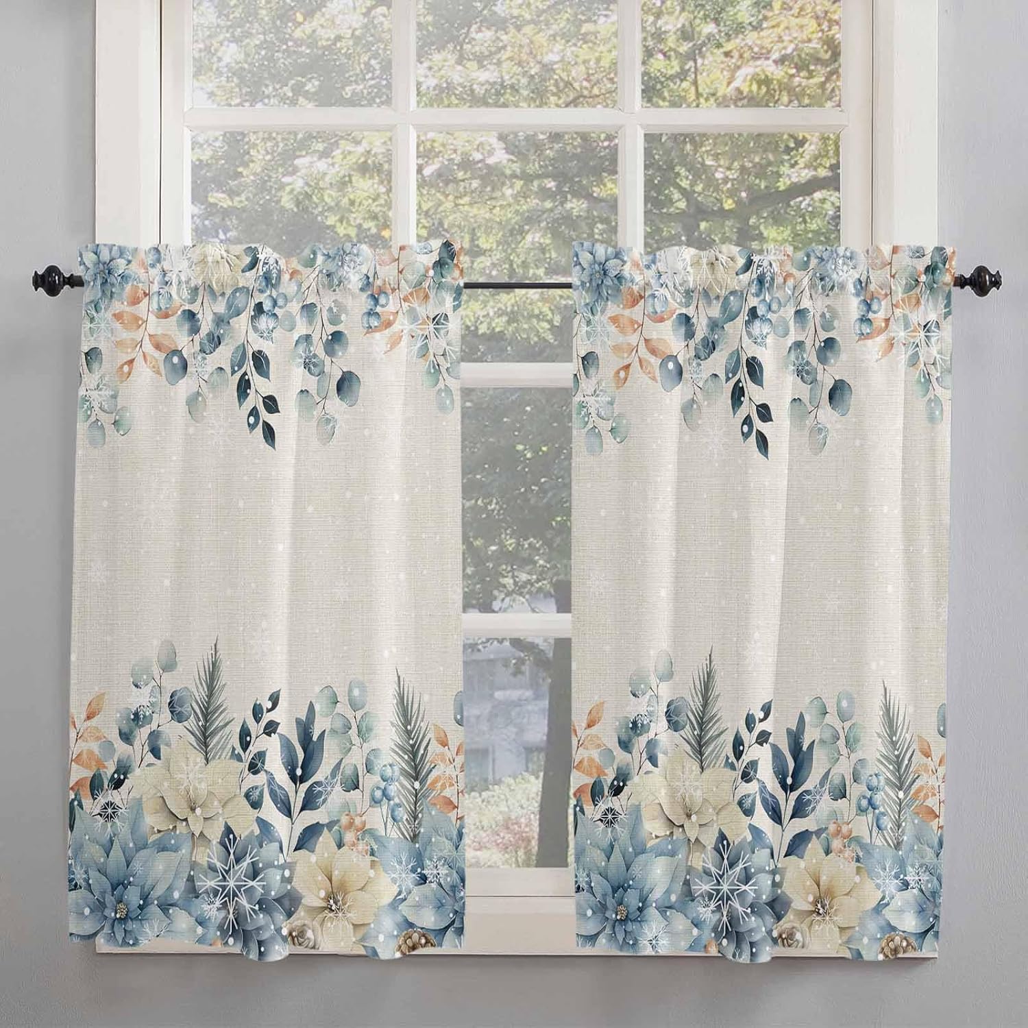 Christmas Eucalyptus Kitchen Curtain 2 Panels Tiers Curtains 36 Inch Length, Curtains Rod Pocket Curtains Window Drapes Treatment Window Cafe Curtains 55''x36'' Winter Snowflake Farmhouse Flower