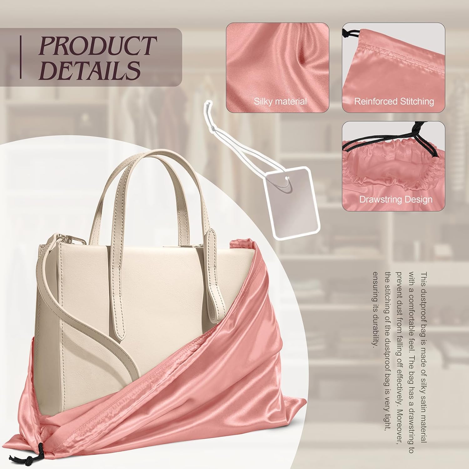 Manyshofu 7 Pack Satin Dust Bags for Handbags Storage, Silky Shoe Bag Rose Gold Drawstring Bags for Shoes & Purses - Silk Dust Cover Bag Dustproof Protector Travel Storage Pouch(19.6 x 15.7) - Image 2