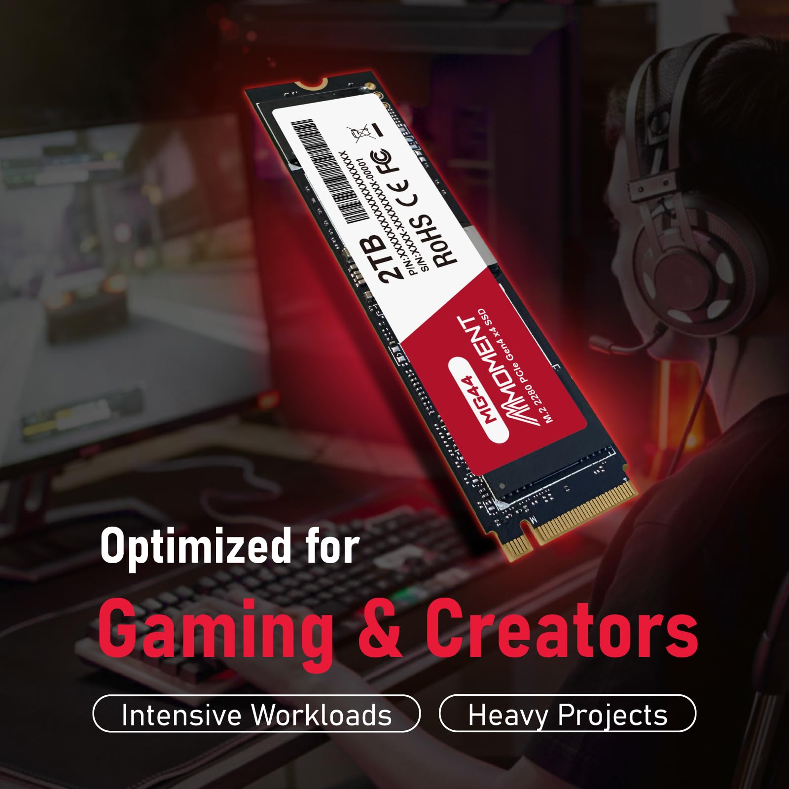 MMOMENT MG44 Disque SSD Interne NVMe PCIe 4.0 de 2 to, jusqu'à 7200 Mo/s en Lecture, 6200 Mo/s en écriture M.2 2280 pour Ordinateur Portable de Bureau