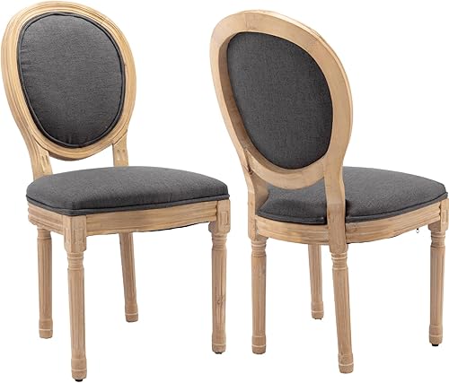 Juego de 2 sillas de comedor vintage francesas de campo, sillas de comedor de tela de lino con patas de madera maciza, sillas de comedor tapizadas