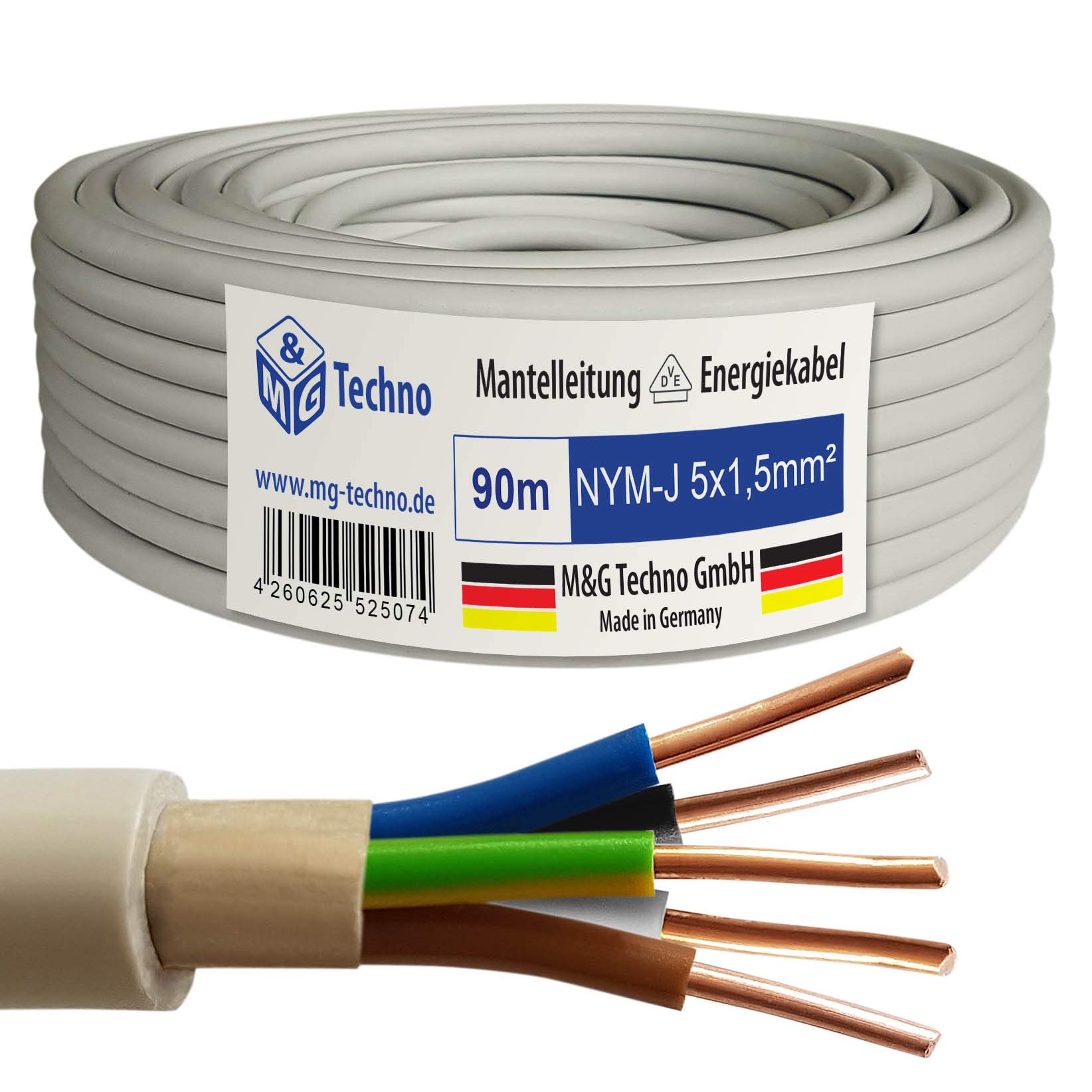 90m NYM-J 5x1,5 mm² Mantelleitung Feuchtraumkabel Elektrokabel Kupfer Made in Germany
