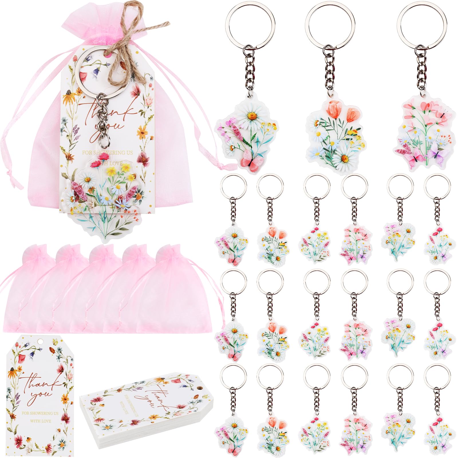 Serencatcher 24 Sets Wildflower Party Favors, Wildflower Bridal Baby Shower Decorations Thank You for Showering Us With Love Tags Keychains Organza Bags for Flower Wedding Bachelorette Bride to Be