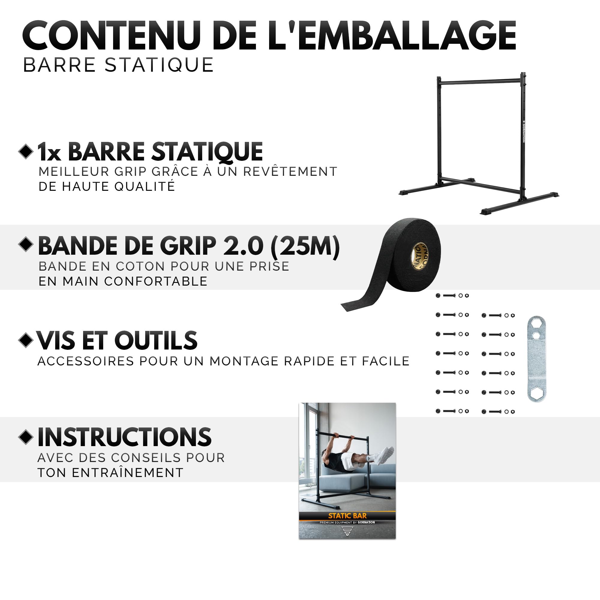 GORNATION Barre Statique, Barre de Front Lever avec pieds antidérapants, prise optimale, hauteur réglable et assemblage facile, Street Workout & Fitness Noir