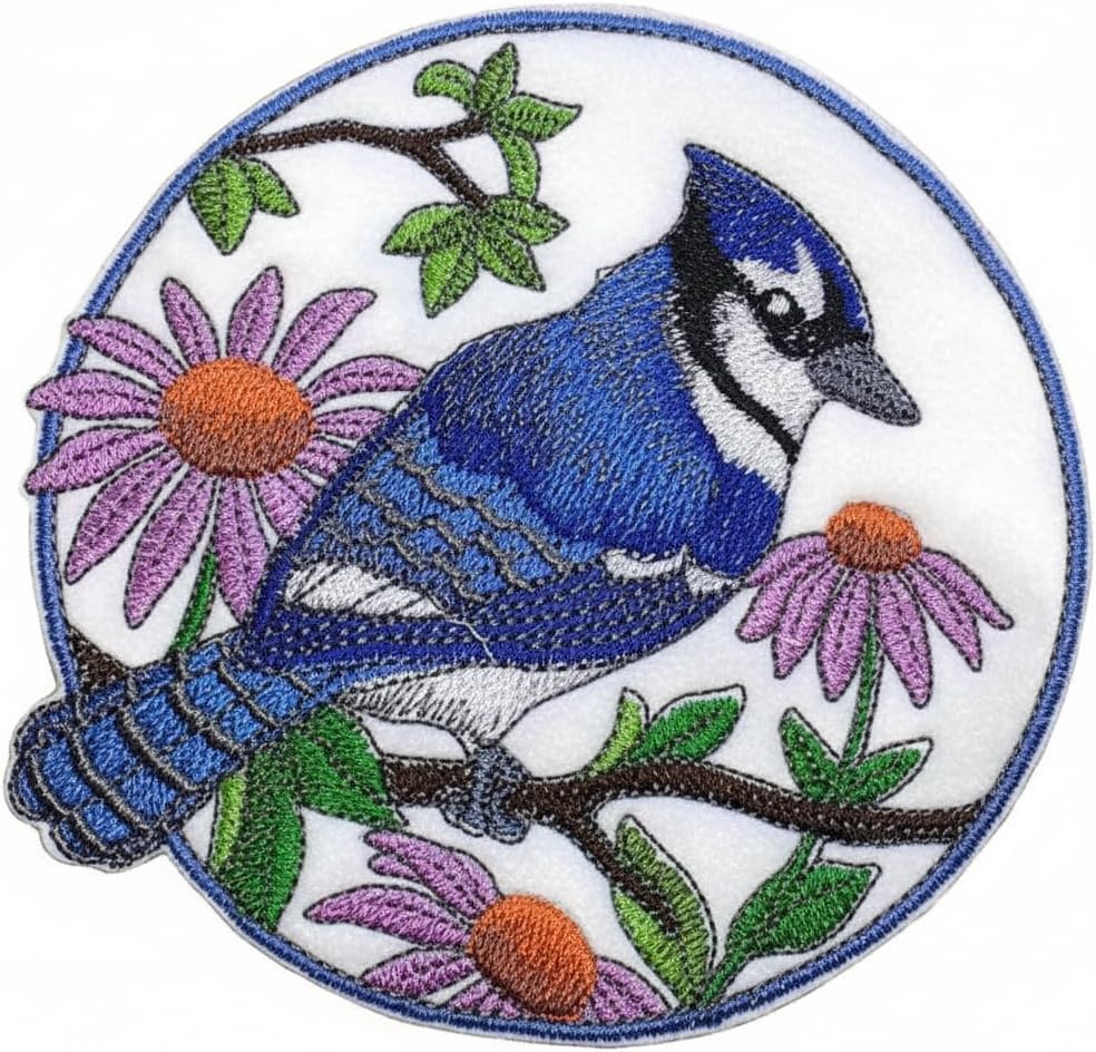 Nature Weaved in Threads, Amazing Birds Kingdom [Bluejay and Purple Cornflowers Circle [Custom and Unique] Embroidered Iron on/Sew Patch [5" *5"] [Made in USA]