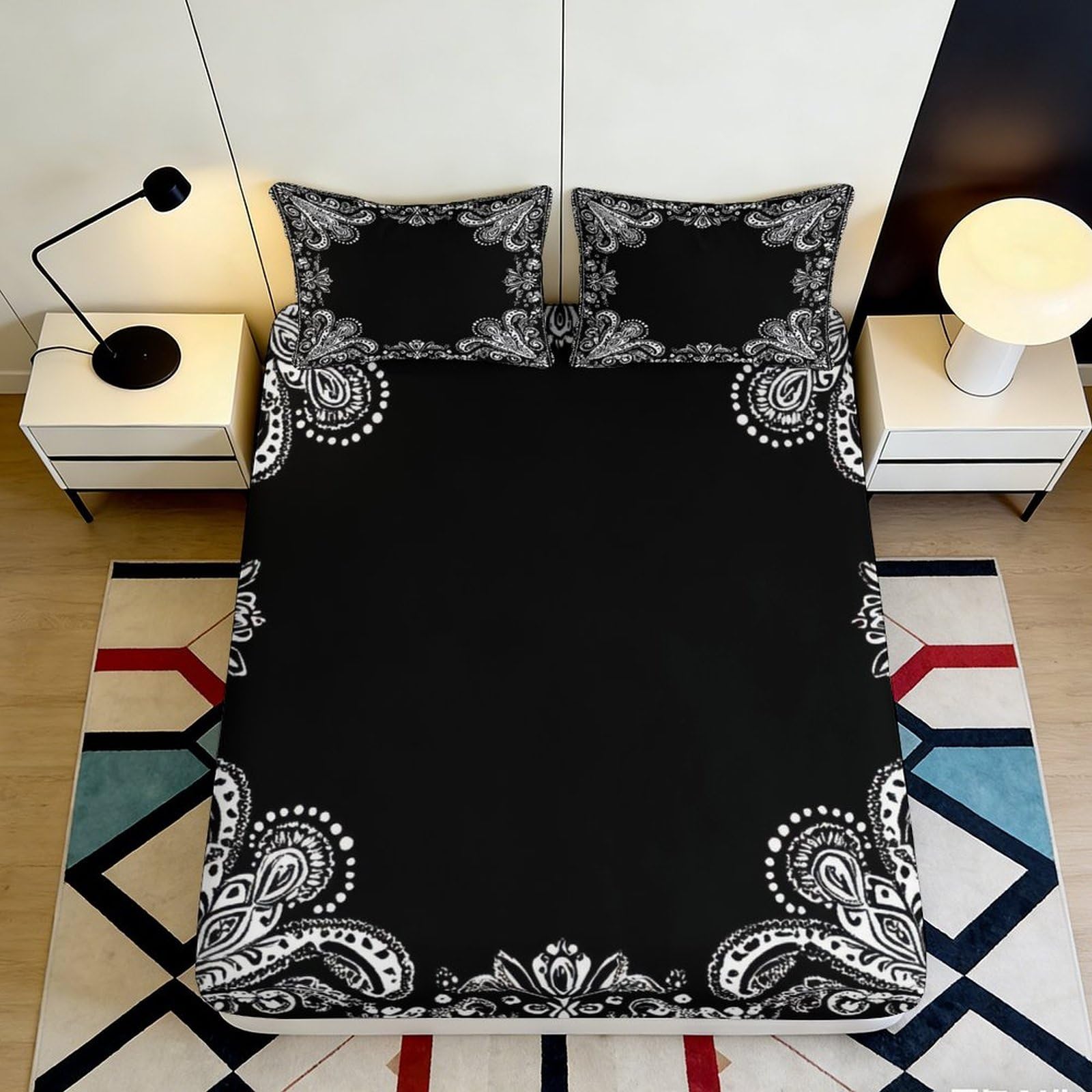 3D Printed Paisley Black Fitted Sheet Microfiber Soft Bed Cover White Mandala Mattress Cover for Bedroom Decor 90x200x25cm