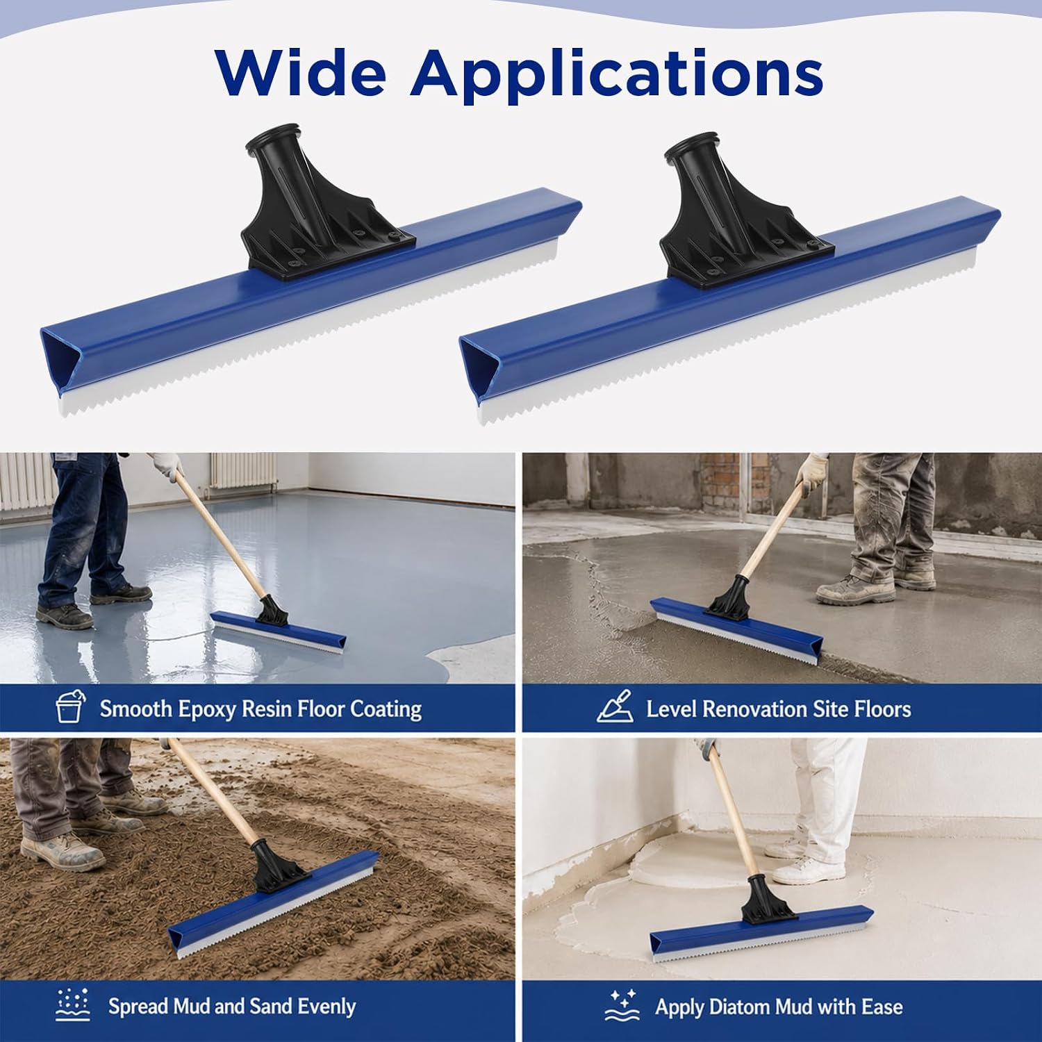 2 Pack 16-Inch Epoxy Squeegee, Lightweight Floor Squeegees with Handle Connector, 0.16 Inch Notched Squeegee for Concrete, Urethane Epoxy Spreader for Self-Leveling Cement and Sealer