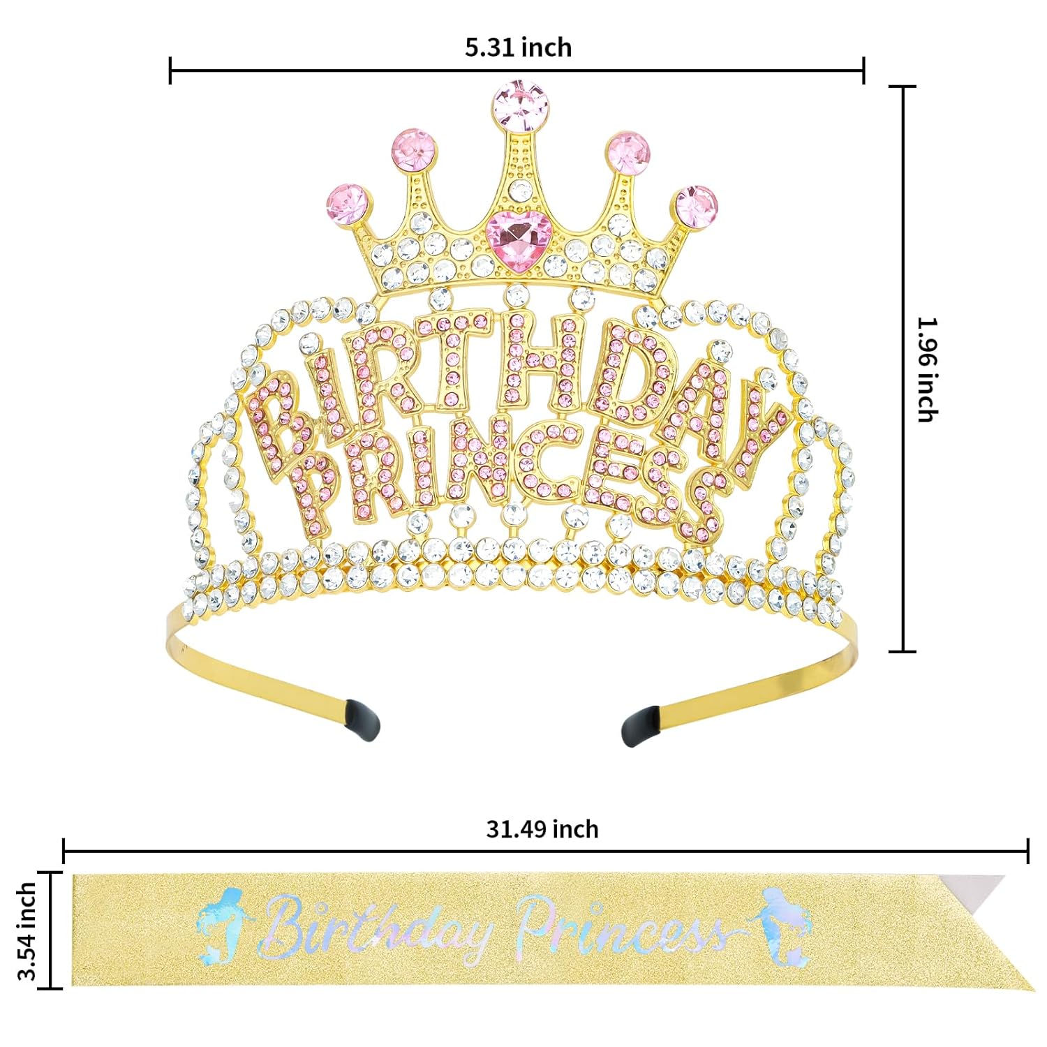 Birthday Crown and Sash for Women, Gold Birth Day Princess Crown Headband Sash, Girl Crown Tiara Birthday Decorations Gifts - Image 2