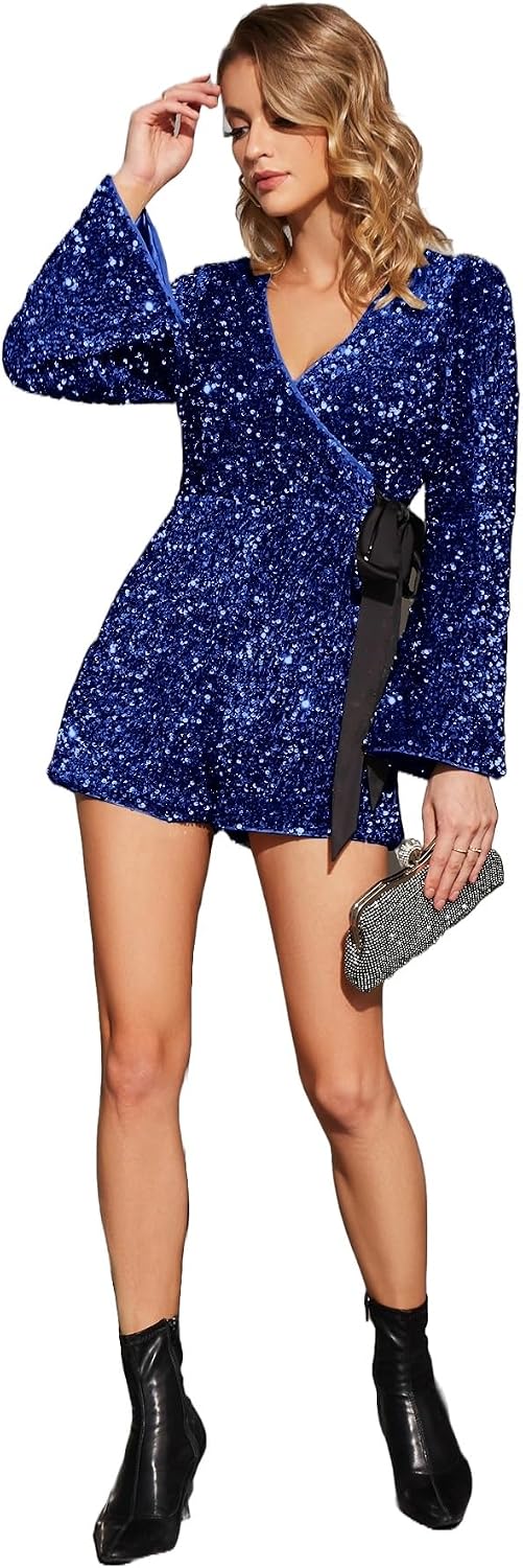 EXTRO&VERT Sequin Romper for Women Sparkly One Piece Jumpsuit Long Sleeve Disco Party Outfit