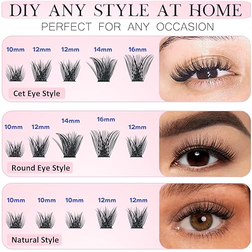 Miniatura 5 de Kit de extensión de pestañas para bricolaje, 144 racimos de pestañas con unión de pestañas y pinzas de pestañas de 0.315 a 0.630 pulgadas, rizo D,