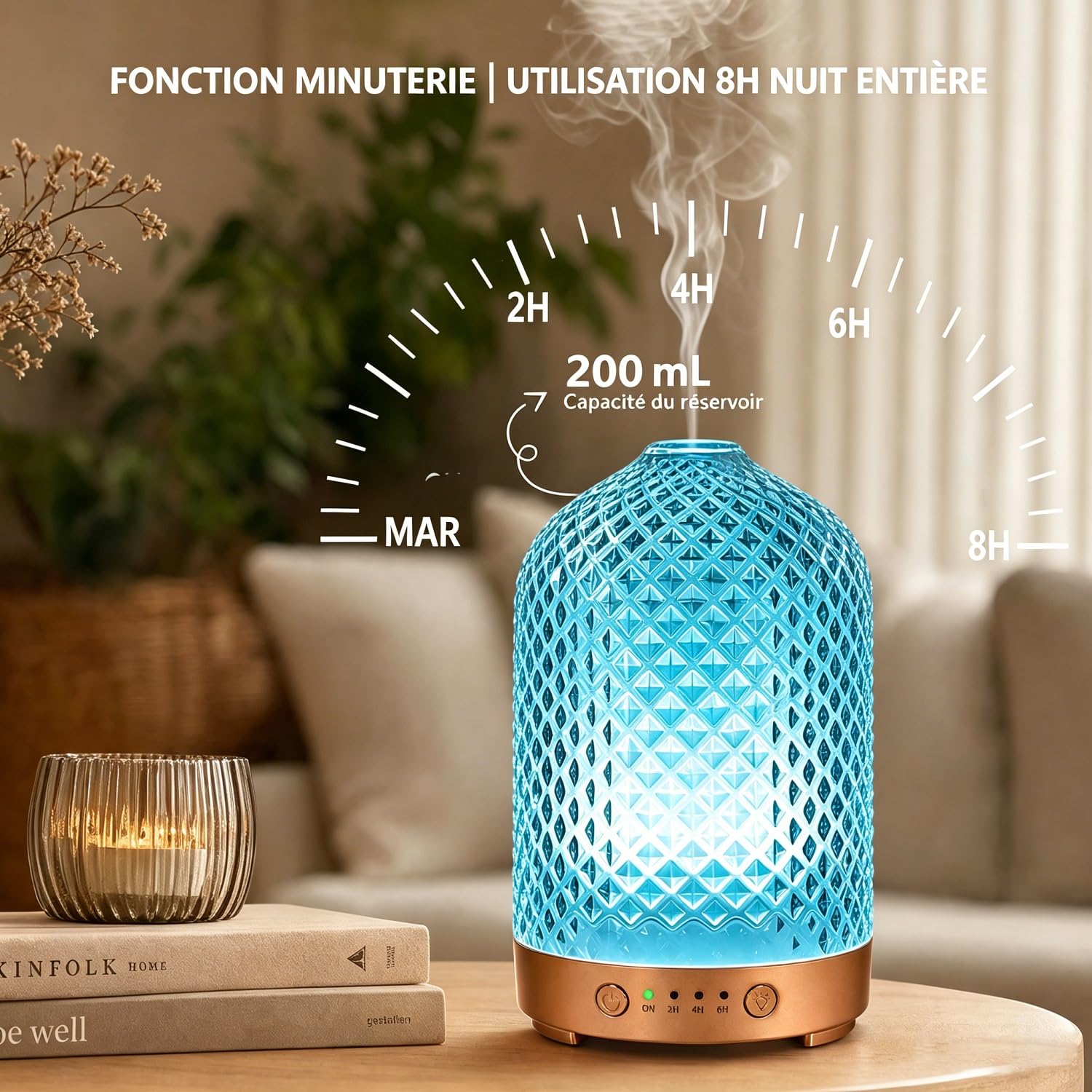 Diffuseur d'huiles essentielles électrique aromathérapie Diffuseurs d'arômes en Verre 200ml Humidificateur avec arrêt Automatique, 7 lumières LED, ultrasonique Silencieux pour la Maison Bureau Cadeau