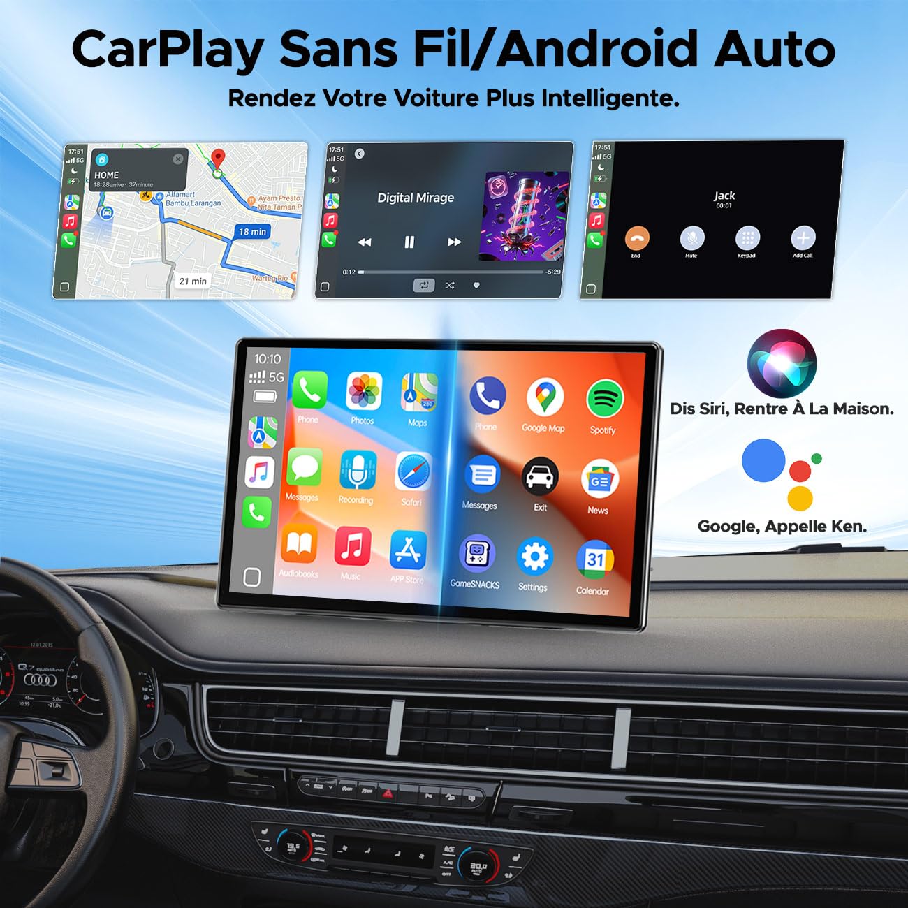 LAMTTO Écran Carplay Voiture sans Fil avec Youtube TikTok, 9 Pouces Autoradio AppIe Car Play & Android Auto avec Caméra de Recul/Bluetooth Double/Écran Partagé/OTA/Navigation/Assistant Vocal