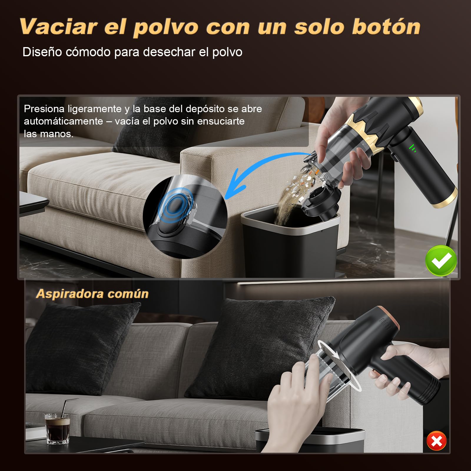 Robofun 4 in 1, aspirapolvere a mano, 25000 Pa, 105000 giri/min, motore senza spazzole, rimozione della polvere con un pulsante, aspirapolvere a mano senza fili, per auto, ufficio, divano, peli di