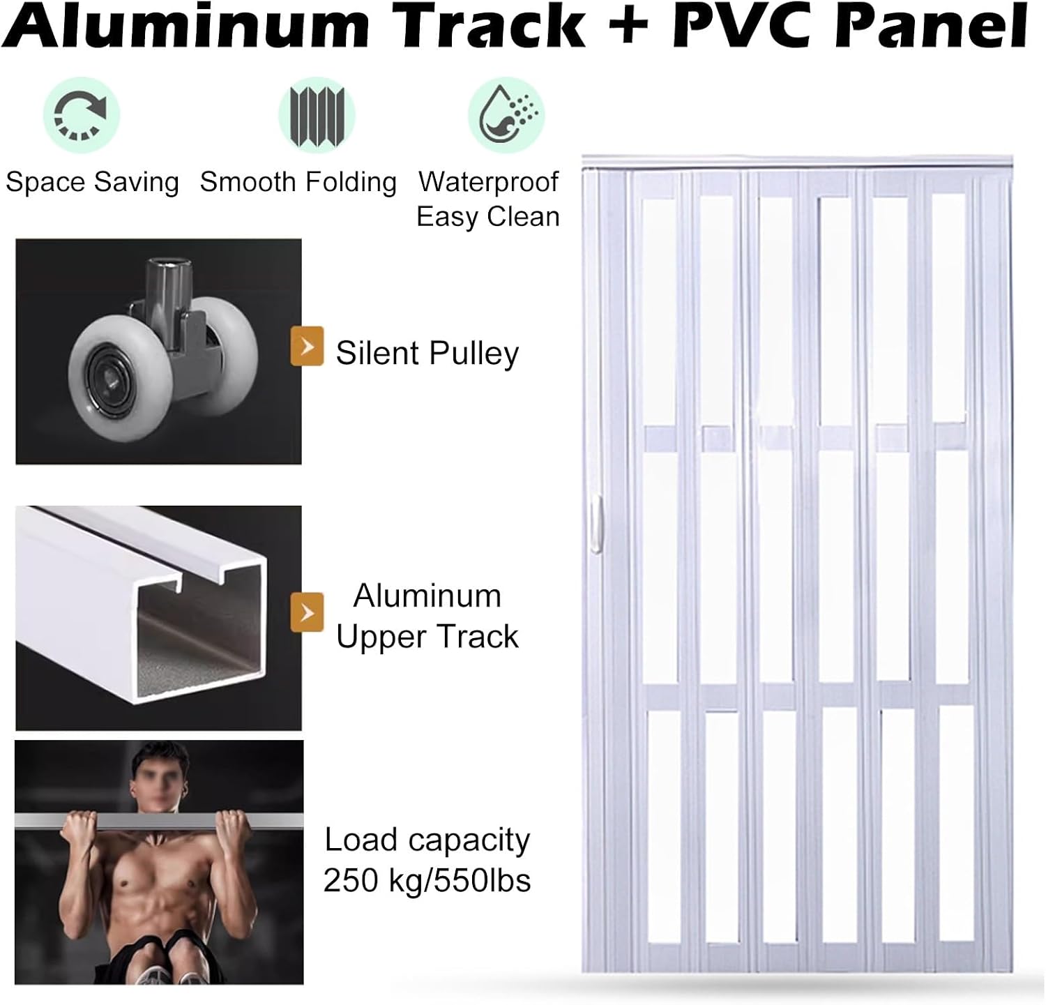 Brown PVC Accordion Sliding Barn Door - Custom Size Multifold Interior Folding Door with Top Track & Handle for Kitchen, Pantry, Bedroom Room Divider (W 110cm x H 205cm)